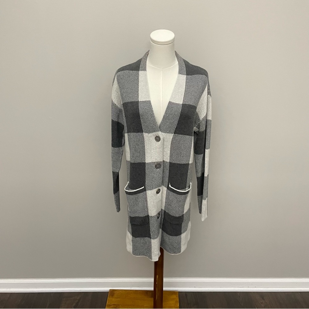 Matilda Jane Cardigan Sweater Enola Buffalo Check Button Front Pockets Grey Pink